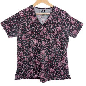 Pink Heart Print Nurse Scrub Top Medical Dental Healthcare Uniform Large